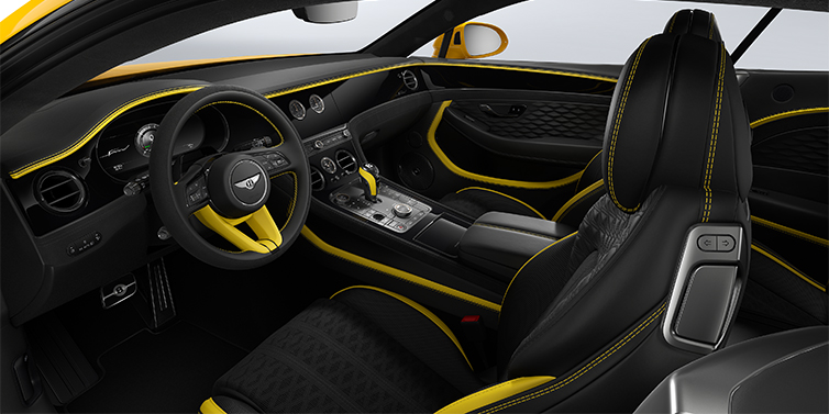 Bentley Düsseldorf Bentley Continental GT Speed coupe front interior in Cyber yellow and Beluga black hides
